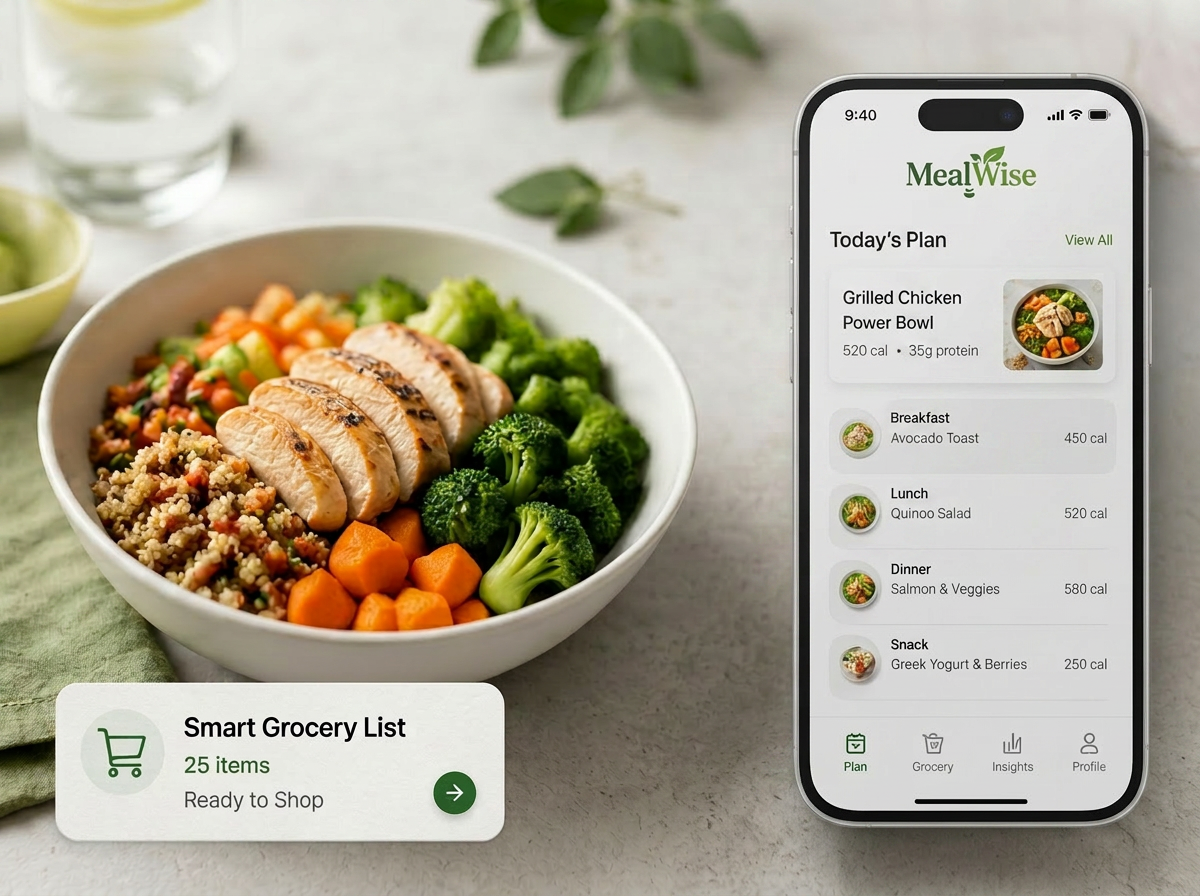 Healthy meal bowl with grilled salmon and avocado next to the MealWise app showing a weekly meal plan